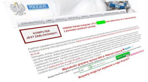 Grafika przygotowana przez oszustów z logo policji Policji i napisem &quot;Sprzęt został zablokowany&quot;